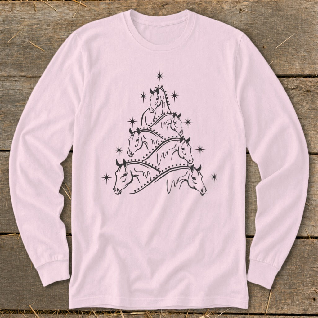 Long-sleeved pink shirt with a black line drawing of horses forming a Christmas tree.