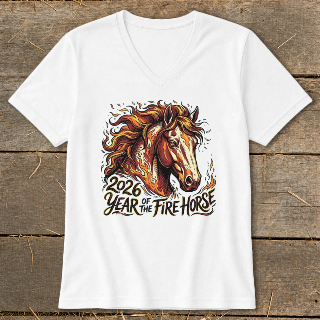 White v-neck t-shirt with "2026 Year of the Fire Horse" text and fiery horse graphic.