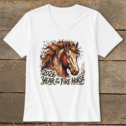 White v-neck t-shirt with "2026 Year of the Fire Horse" text and fiery horse graphic.