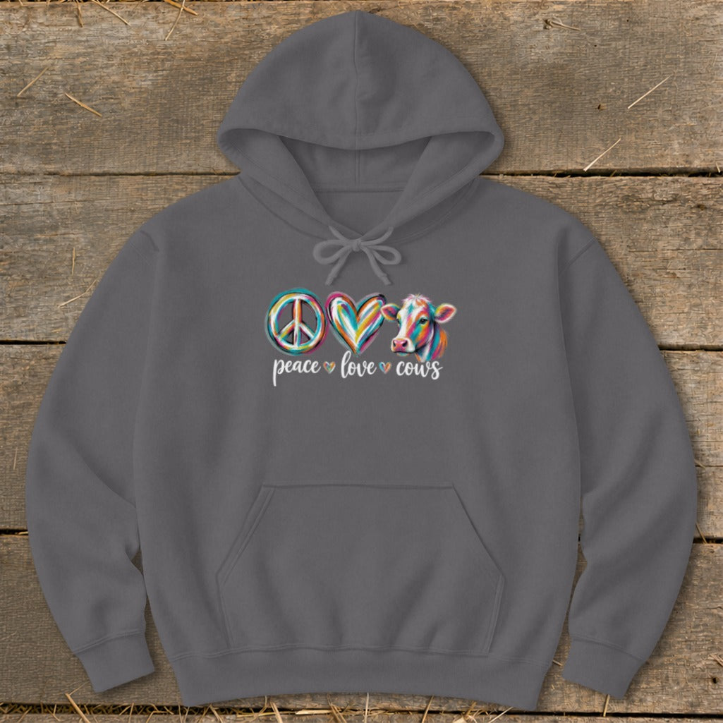 Gray hoodie with colorful peace sign, heart, and cow graphic, text "peace love cows."