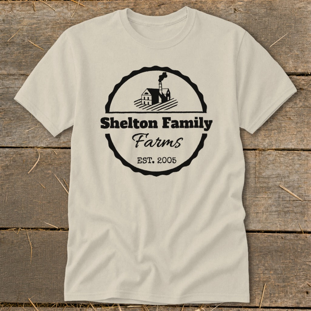 Cream t-shirt with black Shelton Family Farms logo and "EST. 2005"