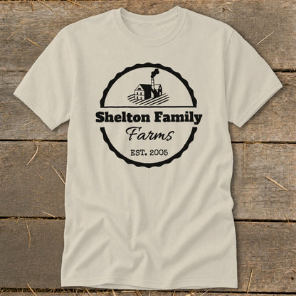 Cream t-shirt with black Shelton Family Farms logo and "EST. 2005"