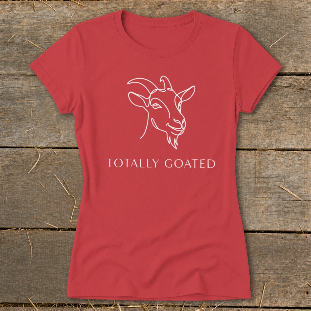 Red t-shirt with a white line drawing of a goat and the text "TOTALLY GOATED".