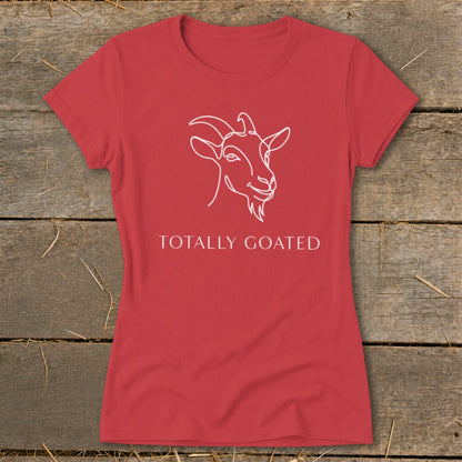 Red t-shirt with a white line drawing of a goat and the text "TOTALLY GOATED".