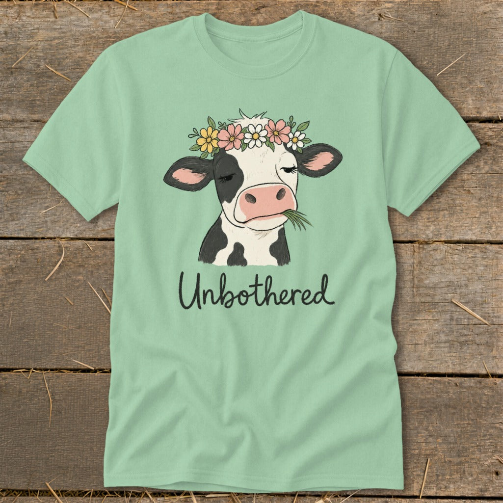 Mint t-shirt with cartoon cow wearing a flower crown and text "Unbothered".