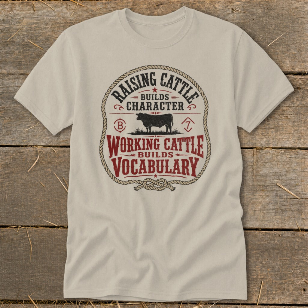 T-shirt with "Raising Cattle Builds Character" and "Working Cattle Builds Vocabulary" text.