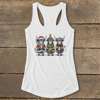 White tank top with sketch of three Highland cows in festive Christmas attire.