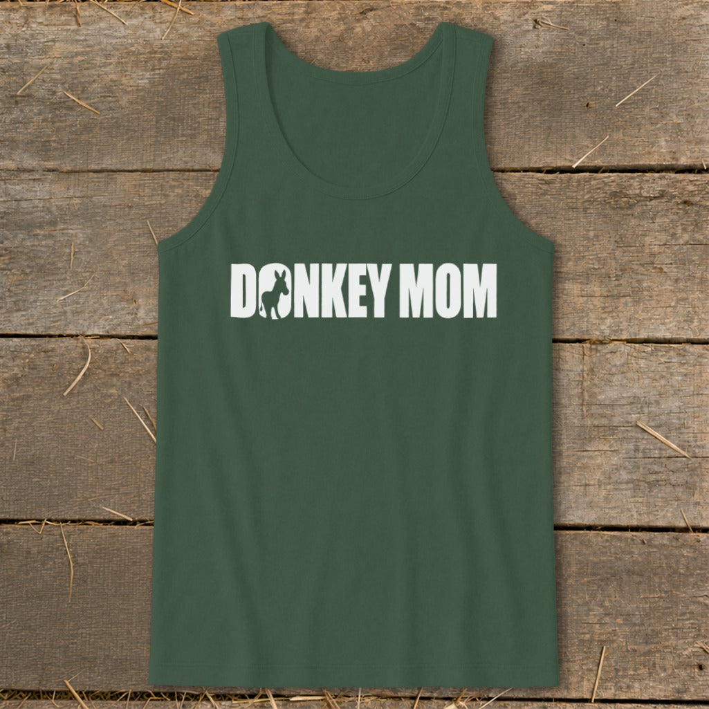 Dark green tank top featuring white text that reads DONKEY MOM with a donkey silhouette inside the letter O.