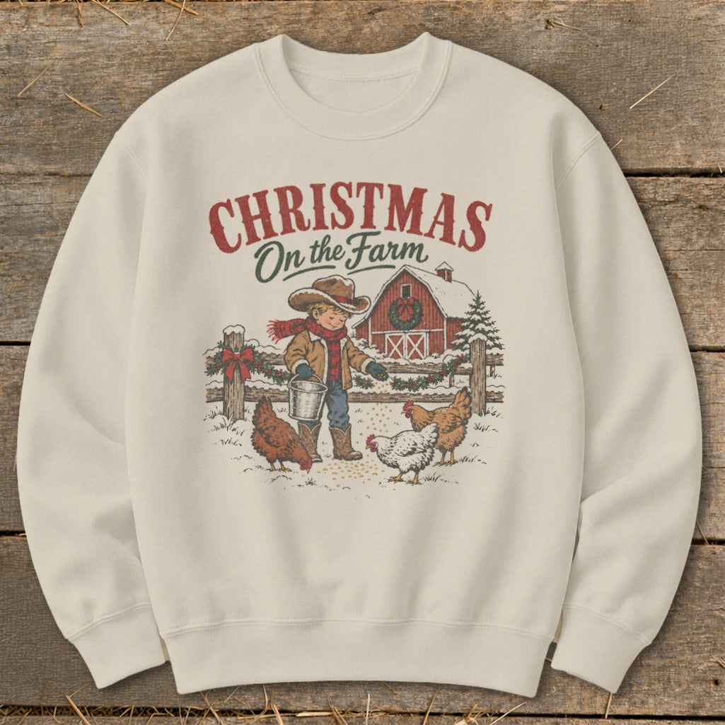 Christmas On the Farm graphic of a boy feeding chickens by a barn.