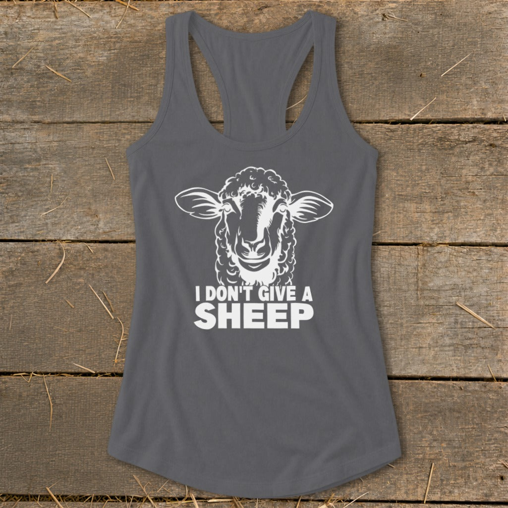 Grey tank top with white sheep graphic and text "I DON'T GIVE A SHEEP".