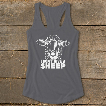Grey tank top with white sheep graphic and text "I DON'T GIVE A SHEEP".