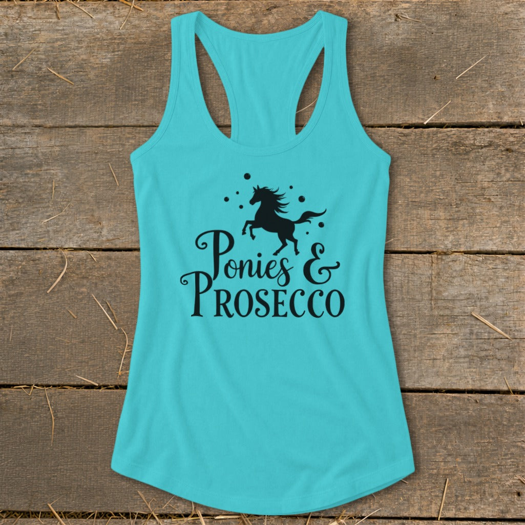 Turquoise tank top with black "Ponies & Prosecco" graphic and a leaping horse silhouette.