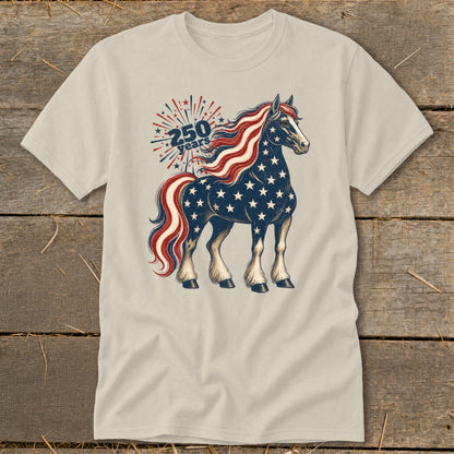 Horse with stars and stripes, celebrating 250 years with fireworks.
