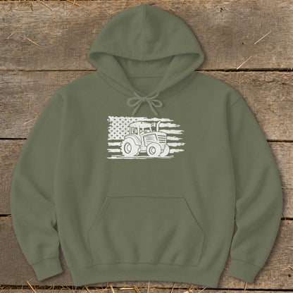 Olive green hoodie with a distressed American flag and tractor graphic.