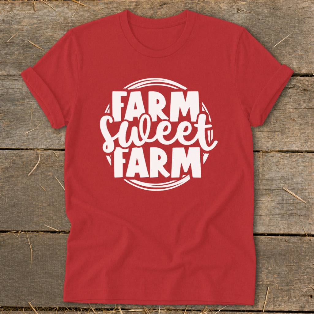Red t-shirt with white text "Farm Sweet Farm" inside a circle.