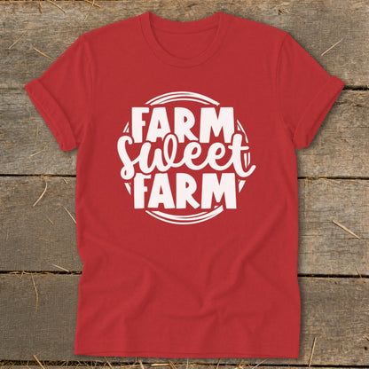 Red t-shirt with white text "Farm Sweet Farm" inside a circle.