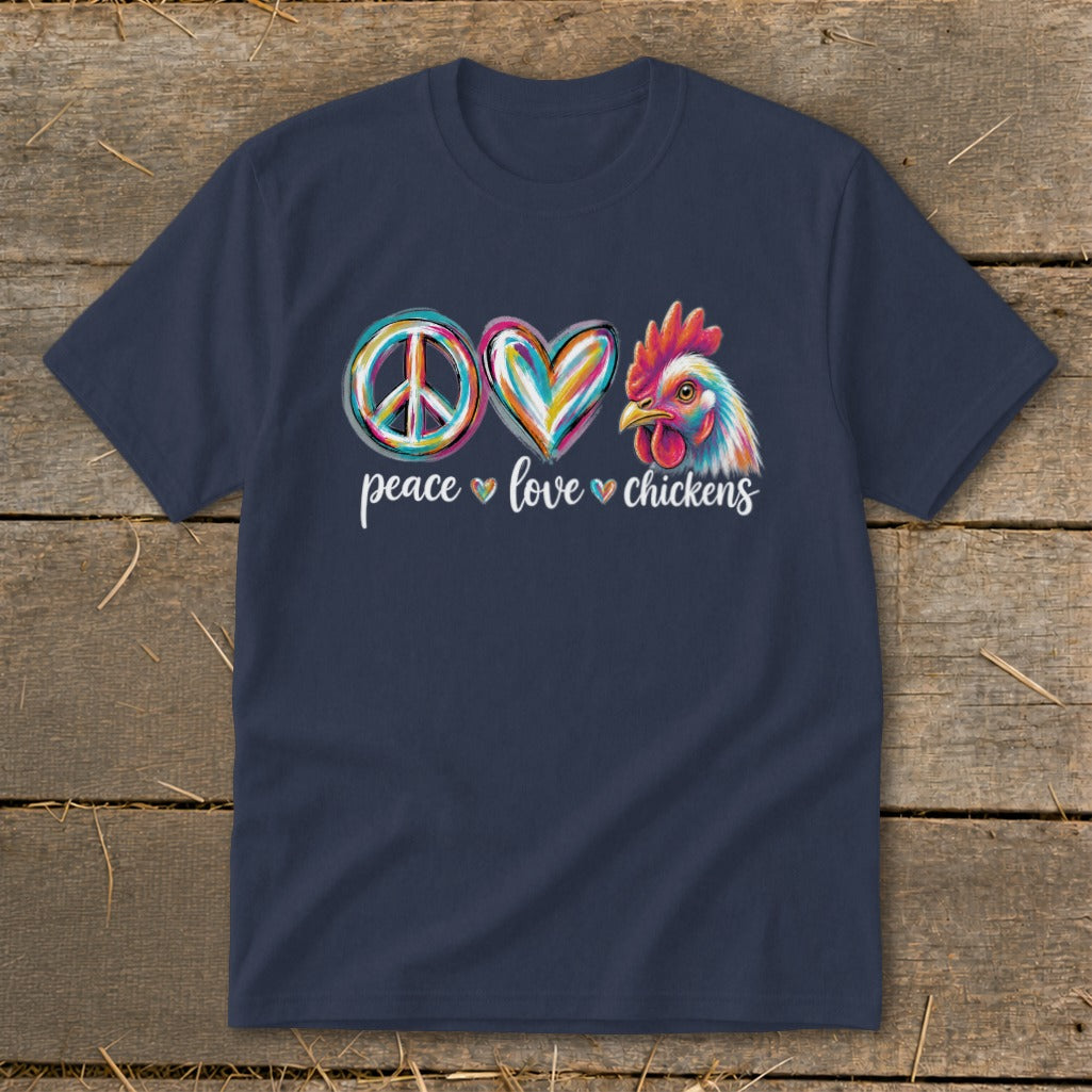 Navy t-shirt with peace, love, heart, and chicken graphic and text.