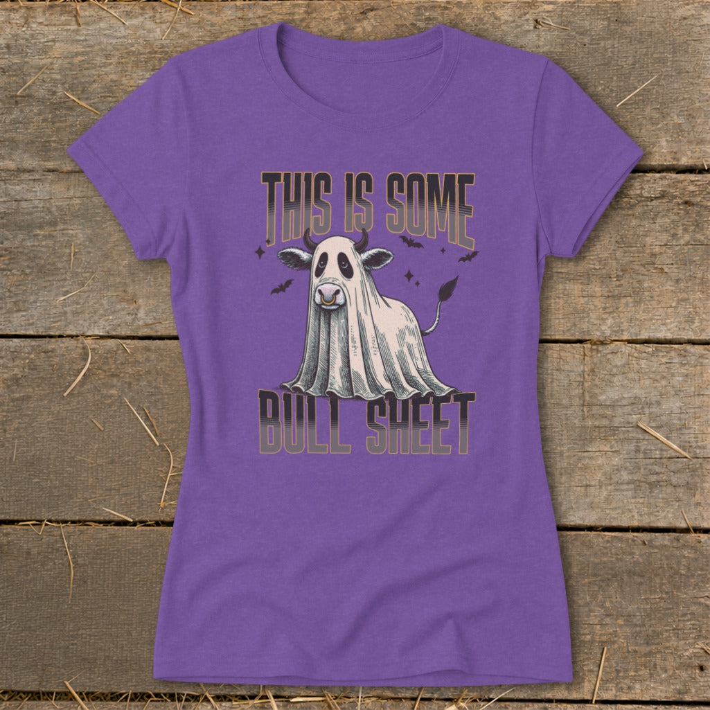 Purple t-shirt with a ghost cow graphic and "This is some bull sheet" text.