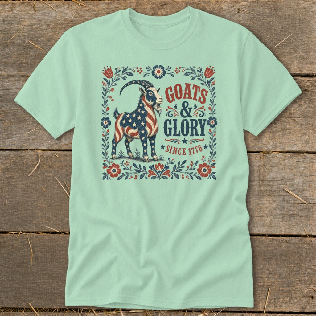 Goats & Glory since 1776 graphic with patriotic goat on light mint t-shirt.