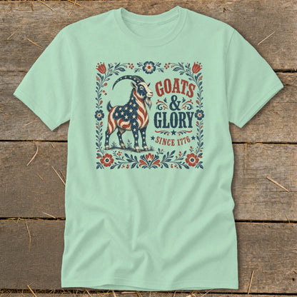 Goats & Glory since 1776 graphic with patriotic goat on light mint t-shirt.