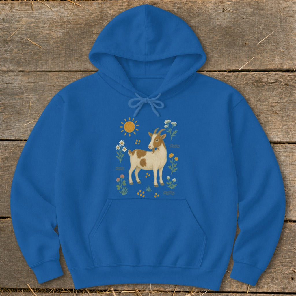 Royal blue hoodie with a brown and white goat and floral sun graphic.