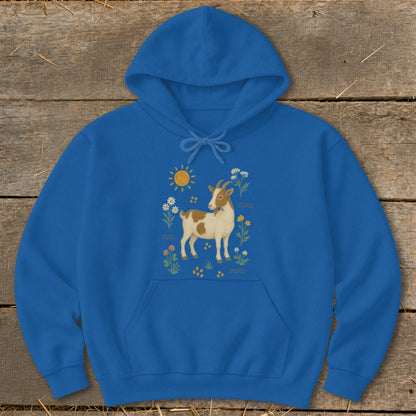 Royal blue hoodie with a brown and white goat and floral sun graphic.