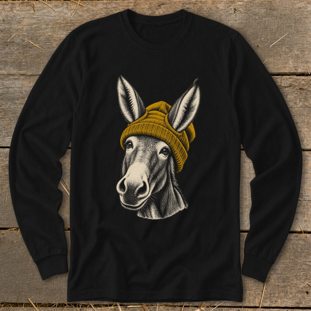 Black long-sleeve shirt with a charcoal sketch of a donkey wearing a yellow beanie.