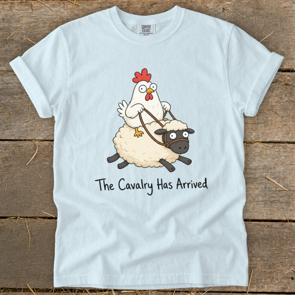 Chicken riding a sheep with text "The Cavalry Has Arrived."