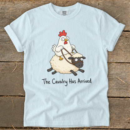 Chicken riding a sheep with text "The Cavalry Has Arrived."