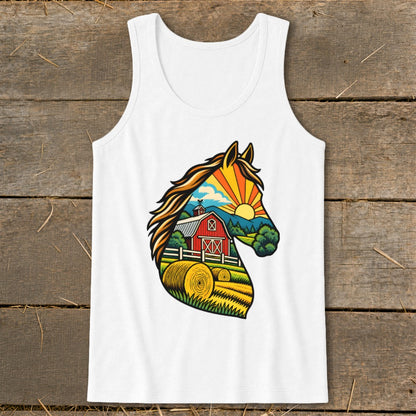 White tank top featuring a colorful graphic of a horse head filled with a farm scene.