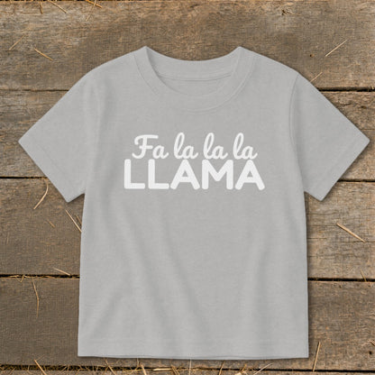 Grey t-shirt with white text "Fa la la la la LLAMA"