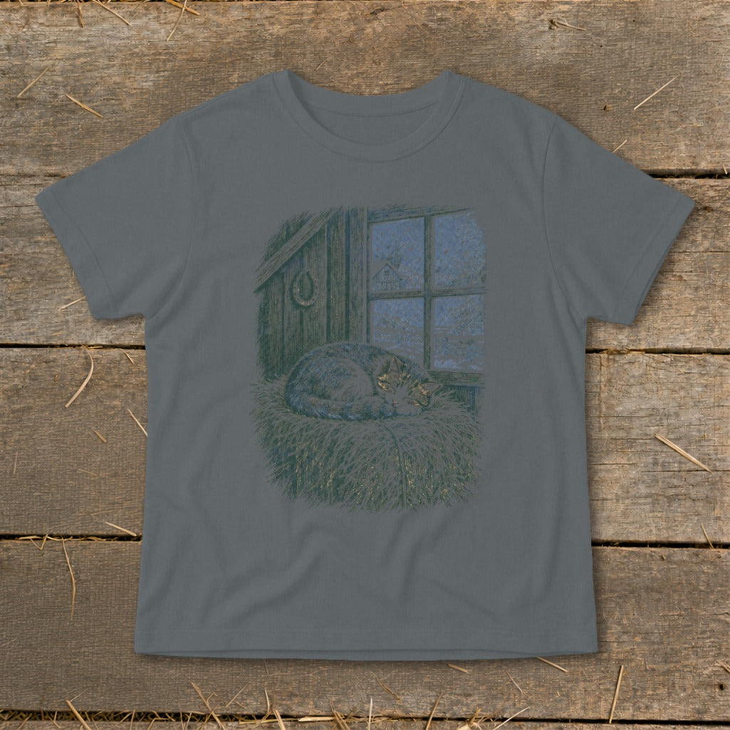 T-shirt graphic of a cat sleeping by a frosted window in a barn.