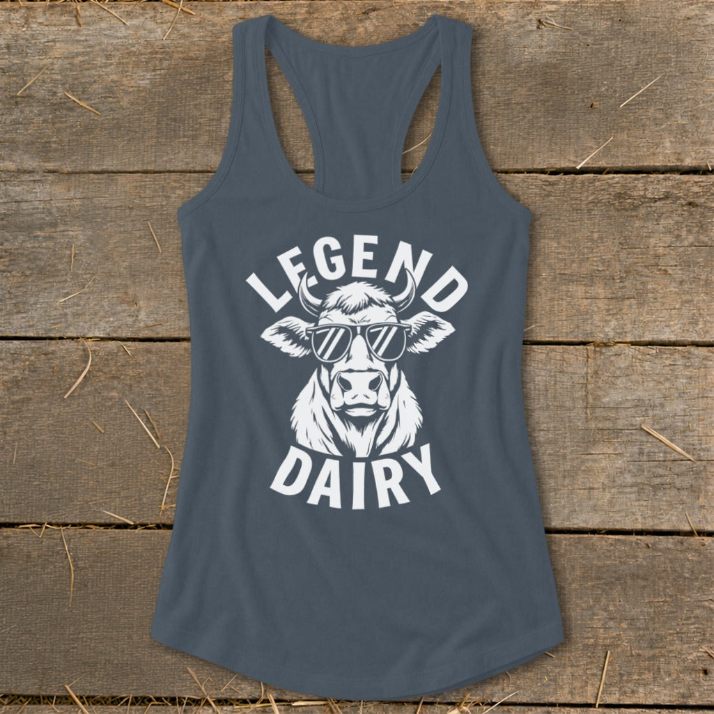 Grey tank top with white "LEGEND DAIRY" text and a cow wearing sunglasses.