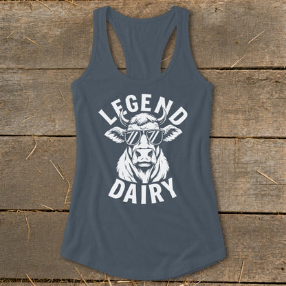 Grey tank top with white "LEGEND DAIRY" text and a cow wearing sunglasses.