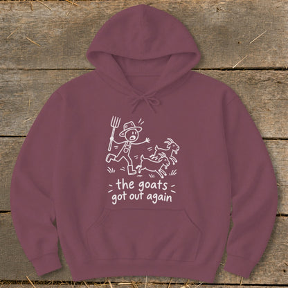 Maroon hoodie with a stick-figure farmer chasing two goats, text reads "the goats got out again".