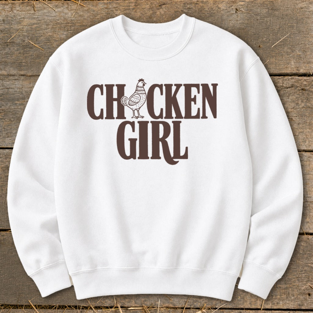 White sweatshirt with "CHCKEN GIRL" text and a chicken graphic.