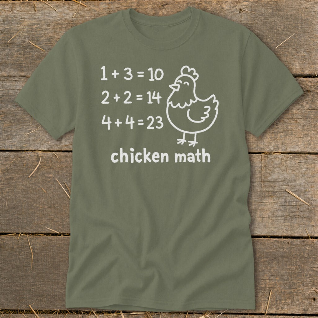 Olive green t-shirt with "chicken math" text and a cartoon chicken illustration.