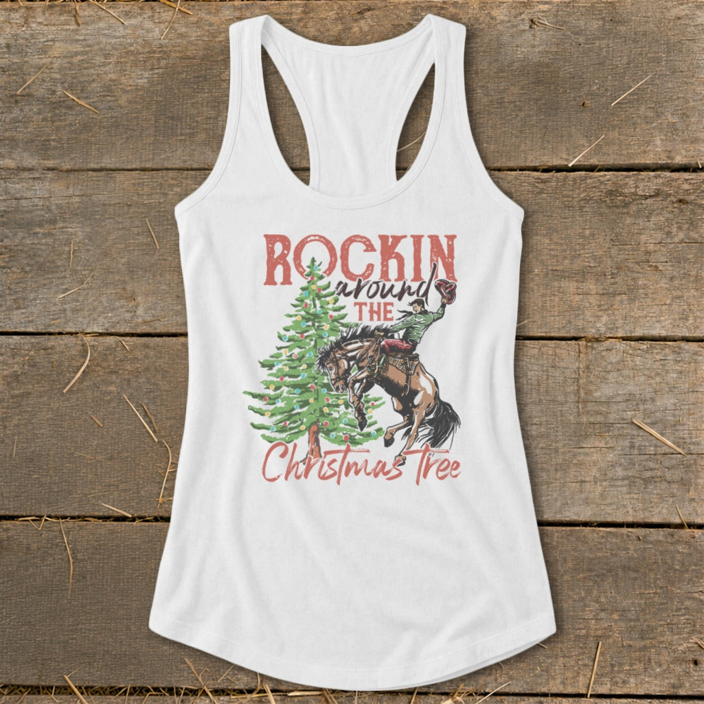 White tank top with "Rockin Around The Christmas Tree" graphic and bucking bronco.