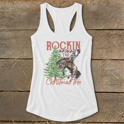 White tank top with "Rockin Around The Christmas Tree" graphic and bucking bronco.
