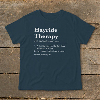 Navy t-shirt with "Hayride Therapy" definition in white text.