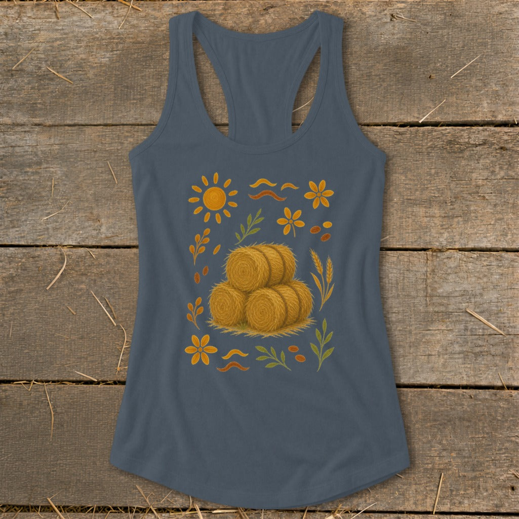 Blue racerback tank top with a fall harvest design of hay bales, sun, and flowers.