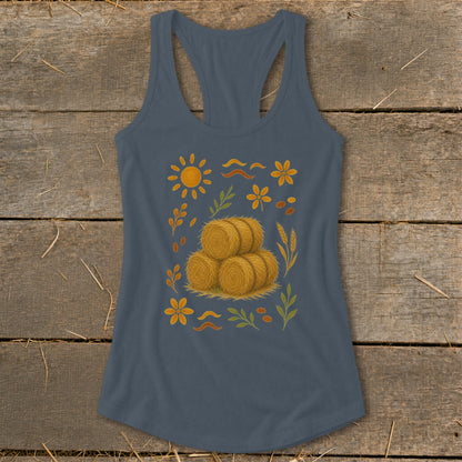 Blue racerback tank top with a fall harvest design of hay bales, sun, and flowers.