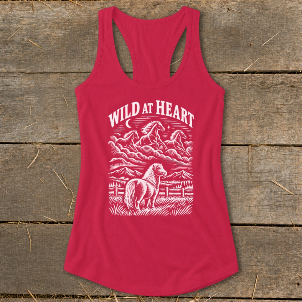 Red tank top with white graphic of horses and text "Wild at Heart".