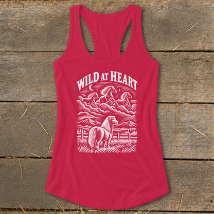 Red tank top with white graphic of horses and text "Wild at Heart".