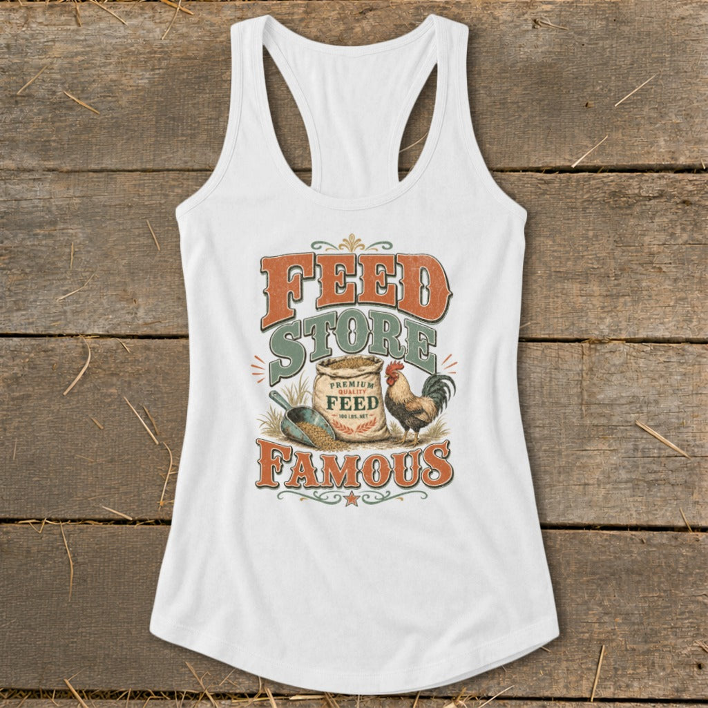 White tank top with "Feed Store Famous" graphic featuring a rooster and bag of feed.