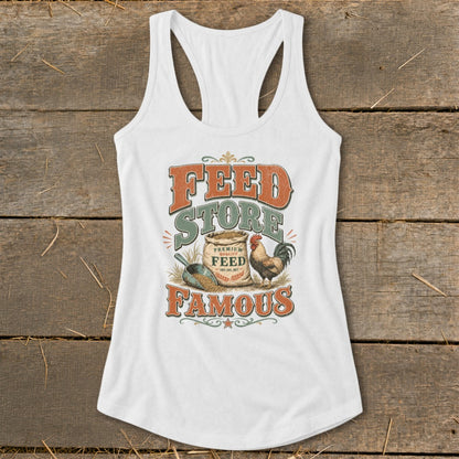White tank top with "Feed Store Famous" graphic featuring a rooster and bag of feed.