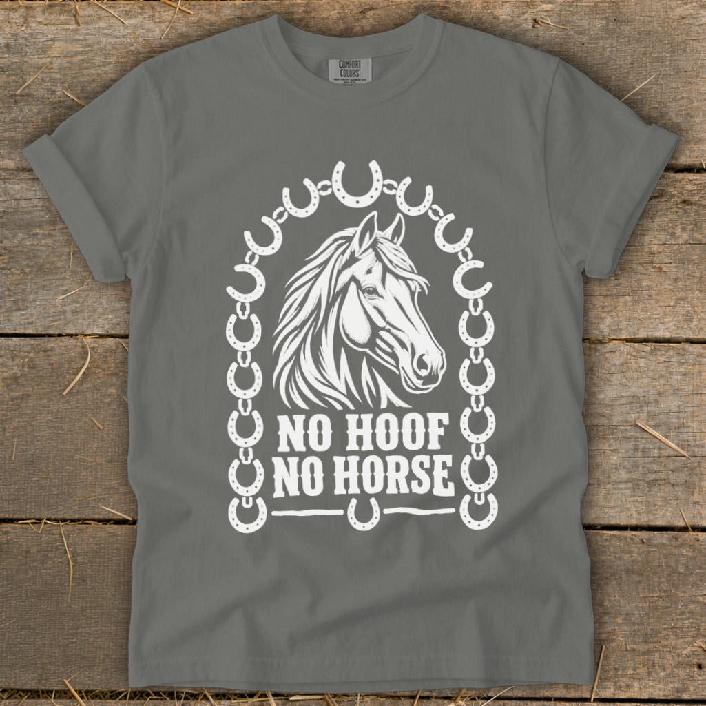 Grey t-shirt with white horse head graphic and "NO HOOF NO HORSE" text.