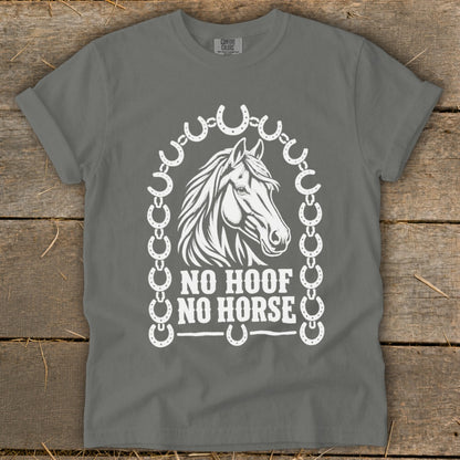Grey t-shirt with white horse head graphic and "NO HOOF NO HORSE" text.