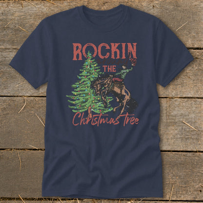 Navy t-shirt with "Rockin' the Christmas Tree" graphic of a cowboy on a bucking bronco.