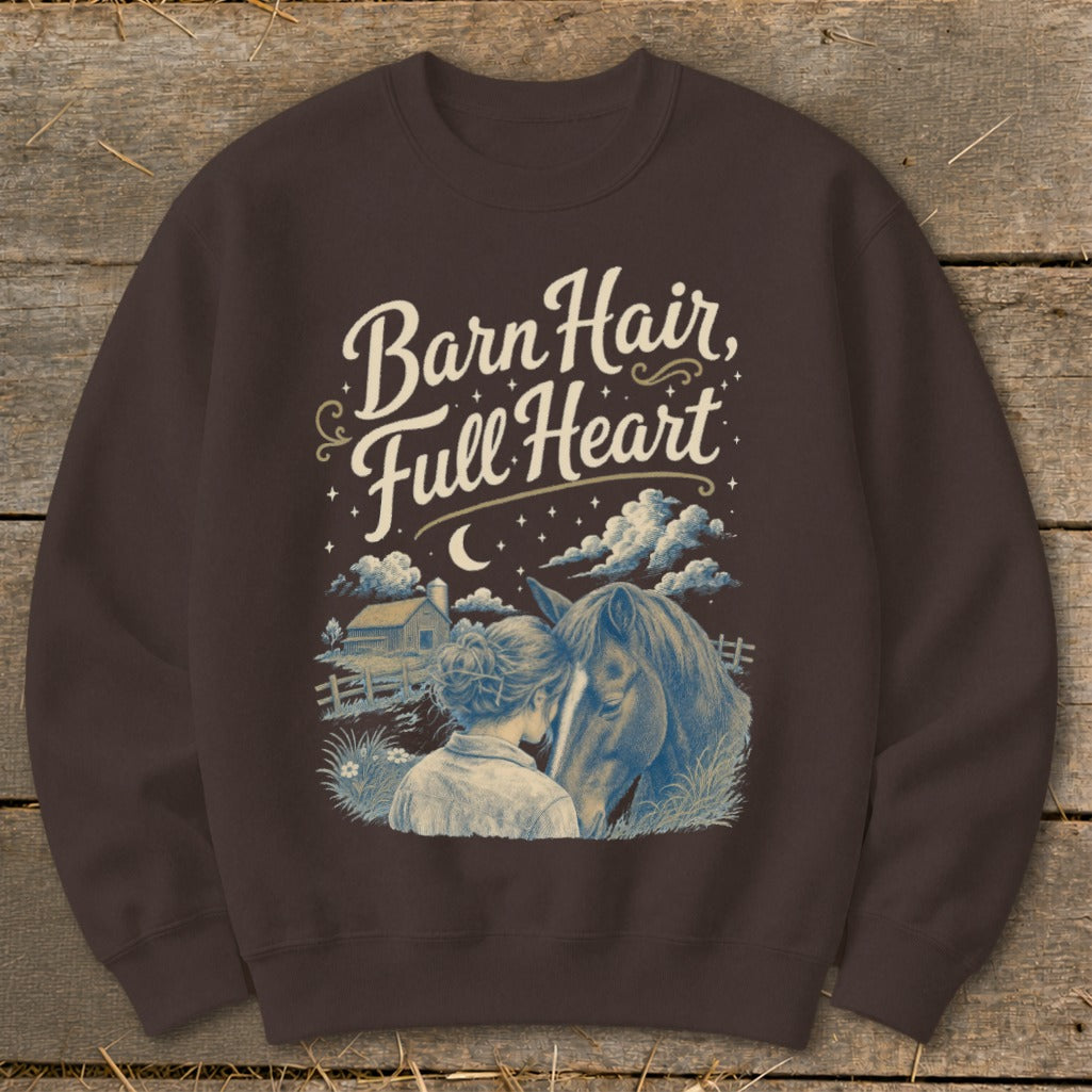 Brown sweatshirt with "Barn Hair, Full Heart" text and horse and rider graphic.